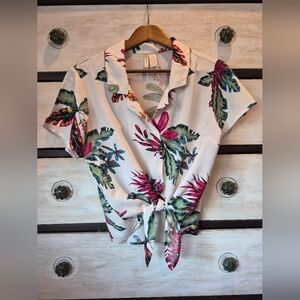 Japna Tropical Floral Button Down Shirt - Cream and Pink